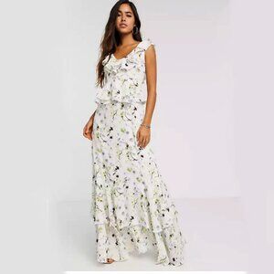 NEW Satin Ruffle Maxi Dress in Soft Floral. VACATION DRESS, Size: 6